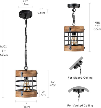 Wood Pendant Light Fixtures, Rustic Farmhouse Chandelier, Dining Room Light Fixture for Kitchen Island Foyer Hallway Bar, Height Adjustable