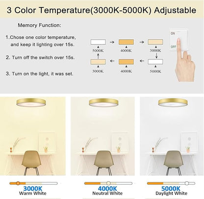 9 Inch Gold Metal Flush Mount LED Ceiling Light, 3000-5000k 20W Thin Round Modern Ceiling Light Fixture, Low Profile Ceiling Lamp for Bedroom, Living Room, Entryway, Bathroom, Kitchen