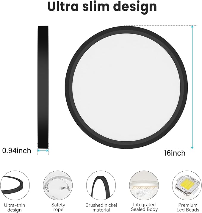 libtit 16" Black LED Ceiling Lights, 36W 3600lm, 3 Color Temps 3000K/4000K/6500K, Large Flush Mount Fixture for Kitchen, Hallway, Bedroom, Living Room, 120V ETL Listed, 1Pack