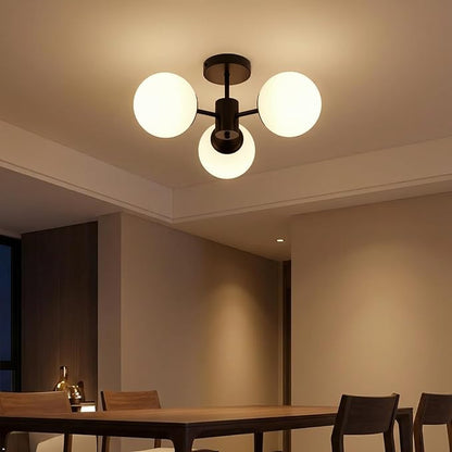 Black Semi Flush Mount Ceiling Light Mid Century Modern Globe Ceiling Light 3 Lights Milk Glass Sputnik Flush Mount Chandelier for Bedroom Dinning Room Foyer Hallway