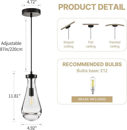 Raindrop Pendant Lights Kitchen Island: Modern 2 Black Teardrop Hanging Light for Bathroom - Crystal Pendants Light over Dining Table - Brass Raindrops lamps Fixture for Bedroom Hallway Bulbs Included