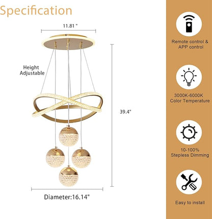 Gold LED Chandeliers, 3-Color Dimmable Pendant Light Dining Room Light Fixtures for Kitchen Island Adjustable Modern Chandeliers for Dining Room Living Room Bedroom