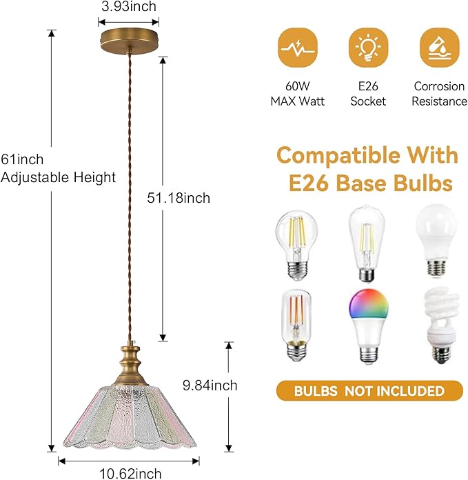 10.62-inch Hanging Light Fixture for Kitchen, Single-Light Island Pendant with Painted Glass Shade and Brass Finish, E26 Socket, Kitchen Island Pendant Light (Bulb not Included)
