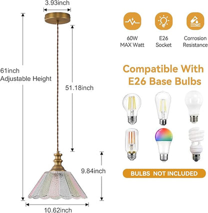 10.62-inch Hanging Light Fixture for Kitchen, Single-Light Island Pendant with Painted Glass Shade and Brass Finish, E26 Socket, Kitchen Island Pendant Light (Bulb not Included)