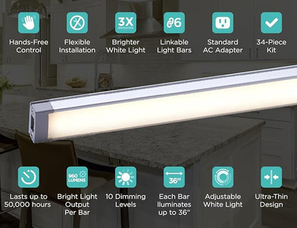 PureOptics LED Under Cabinet Light Kit, Motion Sensor, Dimmable, Linkable, 3 Color Settings, Tool-Free, for Kitchen, Cabinets and Closets, (3) 9" Bars