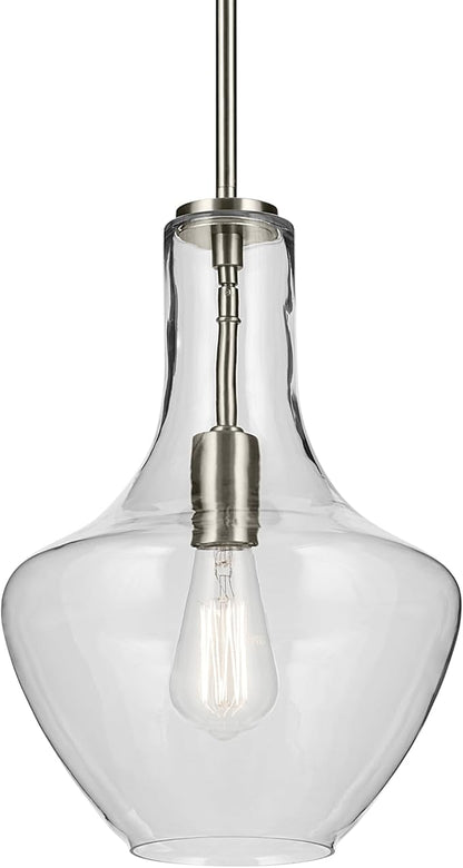 Kichler Everly 1-Light Bell Pendant Light with Clear Seeded Glass in Brushed Nickel, Modern Kitchen Island Hanging Light Fixture for Dining Room or Home Bar (15.25" x 10.5"), 42141NI
