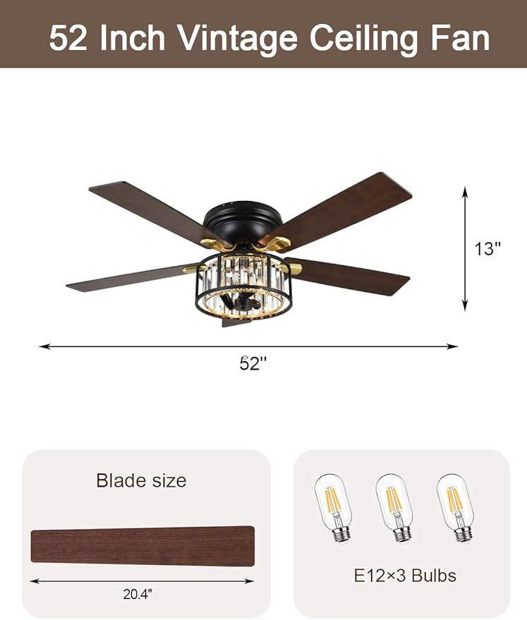 52" Flush Mount Crystal Ceiling Fan with Lights and Remote, Rustic Chandelier Ceiling Fan Low Profile Farmhouse Fandelier Light for Bedroom Living Room Kitchen, 3 E12 Bulbs (Not Included)