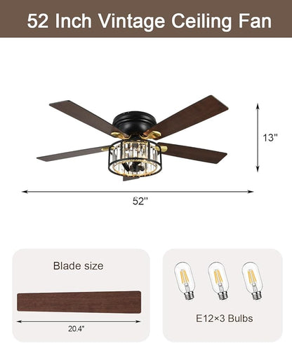 52" Flush Mount Crystal Ceiling Fan with Lights and Remote, Rustic Chandelier Ceiling Fan Low Profile Farmhouse Fandelier Light for Bedroom Living Room Kitchen, 3 E12 Bulbs (Not Included)
