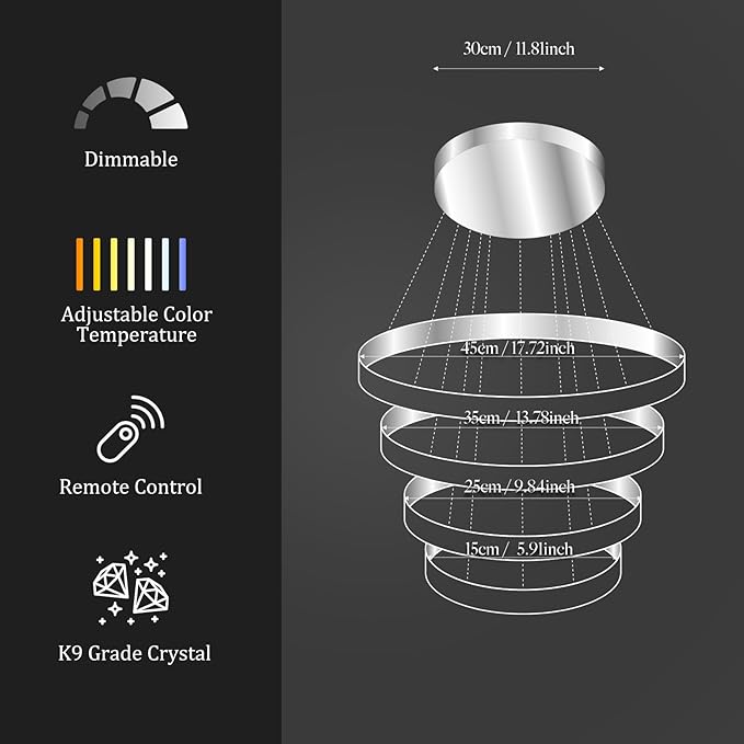 Dimmable Crystal LED Chandelier(3000-6500K) for High Ceiling – Remote Control, Adjustable Height, Modern Stainless Steel Fixture for Foyer, Staircase, Living Room(Chrome 4-Ring)