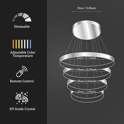 Dimmable Crystal LED Chandelier(3000-6500K) for High Ceiling – Remote Control, Adjustable Height, Modern Stainless Steel Fixture for Foyer, Staircase, Living Room(Chrome 4-Ring)