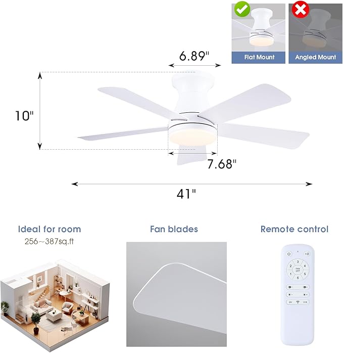 41" Low Profile Ceiling Fans with Lights and Remote, White Indoor Ceiling Fan Light with Quiet Reversible DC Motor,Modern Flush Mount Ceiling Fans with Dimmable LED for Bedroom Kitchen
