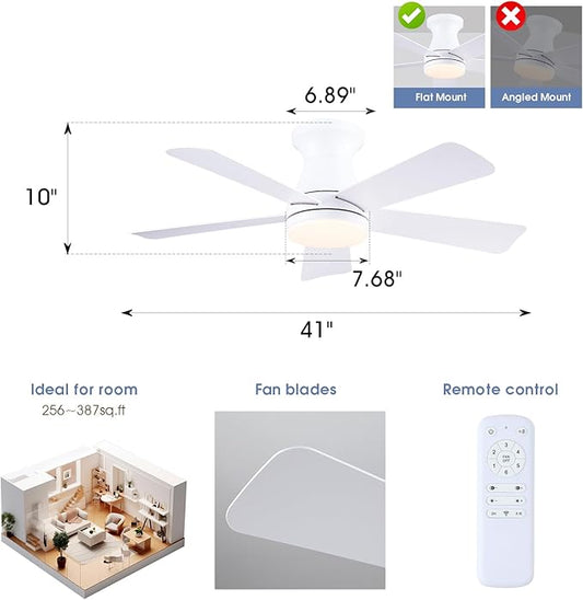 41" Low Profile Ceiling Fans with Lights and Remote, White Indoor Ceiling Fan Light with Quiet Reversible DC Motor,Modern Flush Mount Ceiling Fans with Dimmable LED for Bedroom Kitchen