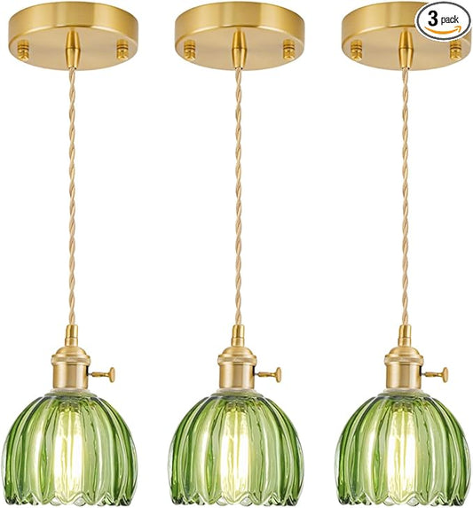 Mini Pendant Lights Kitchen Island 3 Pack, Small Adjustable Pendant Light Fixture with Green Tulip Glass Lampshade, Vintage Gold Pendant Lighting, Pendant Light for Bedroom Dining Room Hallway