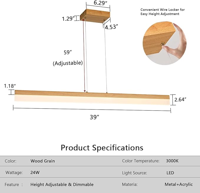Modern LED Linear Pendant Light Dimmable LED Chandelier 39” Woodgrain Dining Room Light Adjustable Height Ceiling Hanging Light 3000K Island Light for Dinning Room Kitchen