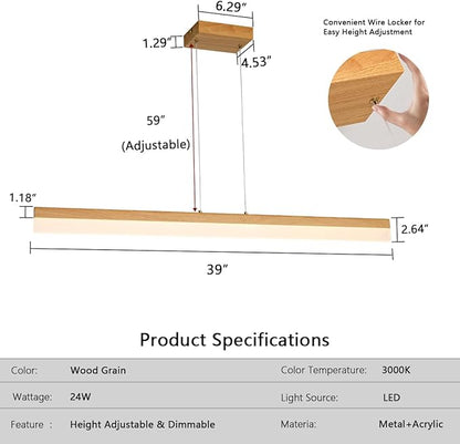 Modern LED Linear Pendant Light Dimmable LED Chandelier 39” Woodgrain Dining Room Light Adjustable Height Ceiling Hanging Light 3000K Island Light for Dinning Room Kitchen