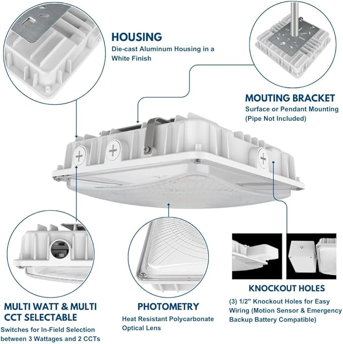 Konlite 63W/45W/30W LED Canopy Light - Selectable - 5000K/4000K - 9,360LM - Dimmable - 120-277V - 250W Equal, Residential & Commercial Indoor & Outdoor Light Fixture, UL, White - 6 Pack