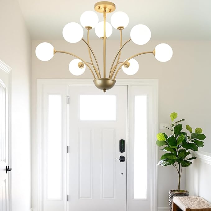 29.7” Modern Gold Chandelier 9-Lights Modern Vintage Golden Chandelier Light Fixture Rustic Farmhouse Glass Chandeliers for Dining Room, Kitchen Island, Bedroom, Living Room, Foyer, G9