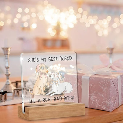 Funny Friendship Gifts for Women, Humor Christmas Birthday Gifts for Best Friend Sisters BFF, Funny Dog Acrylic Plaque Home Office Desk Decor