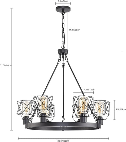 Wagon Wheel Chandelier Modern Farmhouse Pendant Light,Black Farmhouse Chandelier, 6-Light Wagon Wheel Chandelier with Adjustable Height, Dining Room Light Fixture, Hanging Lights
