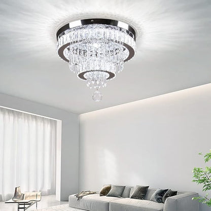 Crystal Chandeliers Modern Crystal Chandelier Flush Mount Ceiling Light Fixture with Remote Control for Bedroom Dining Room Living Room (16 inch Dimmable)