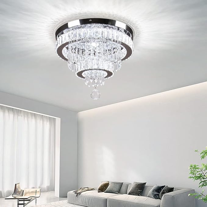 16" Crystal Chandeliers LED Crystal Ceiling Light Fixtures Flush Mount Ceiling Light Modern Chandelier Lights for Living Room Bedrooms Dining Room (6500K Cool White)