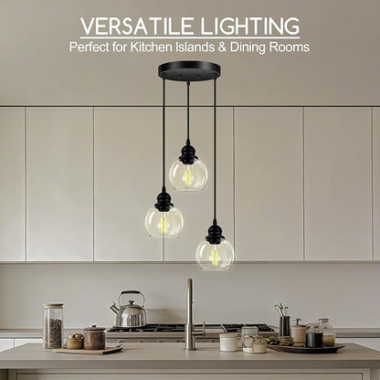3-Light Pendant Light, Hanging Ceiling Lamp with Clear Glass Shade, Matte Black Pendant Lighting Adjustable Height Industrial Retro Style Hanging Light, for Kitchen Island Bedroom(E26 Base,No Bulb)