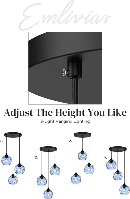 Emliviar 3-Light Globe Hanging Lights, Foyer Chandeliers with Hammered Glass Shade, Cluster Hanging Lights in Blue Finish, DYE287G1-3 BK