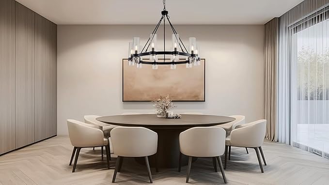 32 Inch Black Wagon Wheel Chandelier with Glass Shade, 10 Lights, Modern Farmhouse Style, Ideal for Dining Room, Kitchen, Entryways