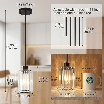 Crystal Pendant Lights for Kitchen Island, 2 Pack Modern Black Kitchen Pendant Light Fixtures, Mini Crystal Hanging Lights for Kitchen, Dining Room, Hallway, Foyer, Entryways