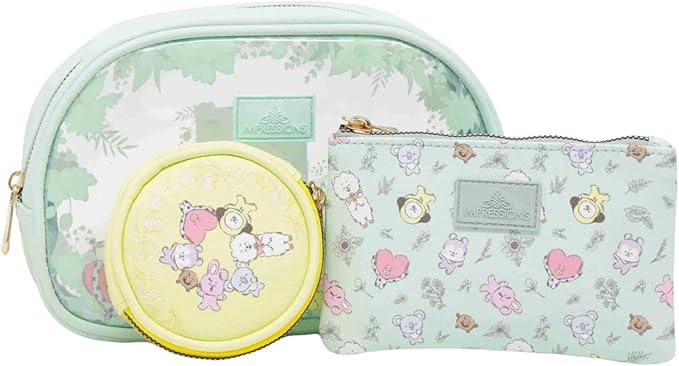 Impressions Vanity BT21 3-PC. Makeup Bag Set with Large, Medium, and Small Pouches, Makeup Organization with Inner Slip Pocket, Clear PVC Material, Travel Cosmetic Bag for Women's Daily Essentials
