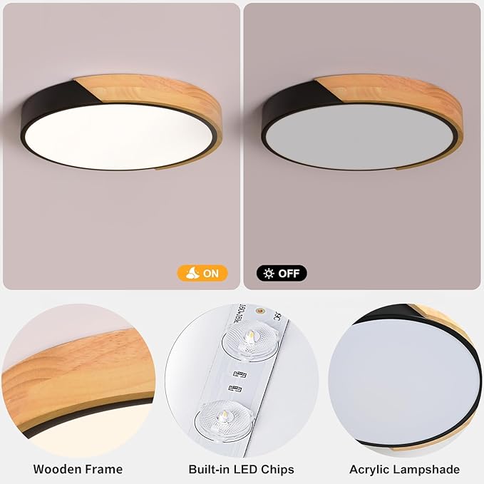 Modern LED Ceiling Light, Minimalist Wood Flush Mount Ceiling Light Fixture, 4000K Not Dimmable, Circle Lighting Lamp with Acrylic Lampshade for Bedroom Laundry Room Hallway (Black,11.8")