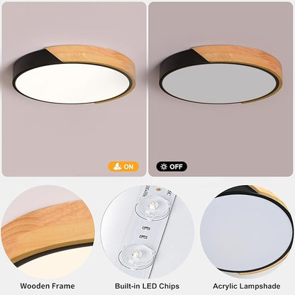 Modern LED Ceiling Light, Minimalist Wood Flush Mount Ceiling Light Fixture, 4000K Not Dimmable, Circle Lighting Lamp with Acrylic Lampshade for Bedroom Laundry Room Hallway (Black,11.8")