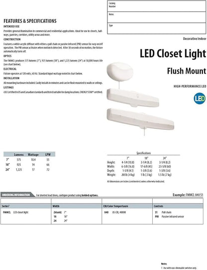Lithonia Lighting FMMCL 840 S1 M4 4000K LED Flush Mount Closet Light with Pull Chain, White, 7"