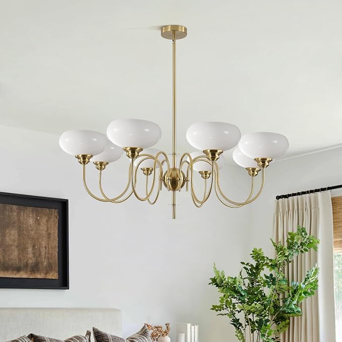 BOKT French Chandelier 8-Lights Large Dining Room Gold Chandelier with Milk White Bowl Glass Lampshade Modern Living Room Adjustable Rod Semi Flush Ceiling Sputnik Chandelier Light Fixtures