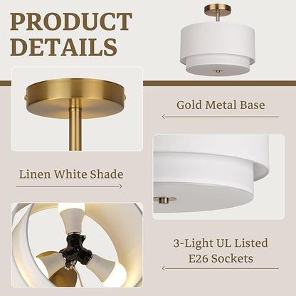 Vexagyle Gold Light Fixtures Ceiling Mount,12.6'' Semi Flush Mount Ceiling Light Fixtures,Nursery Light Fixture with 2-Layer White Shade,Modern Drum Ceiling Lights for Bedroom,Living Room,Hallway