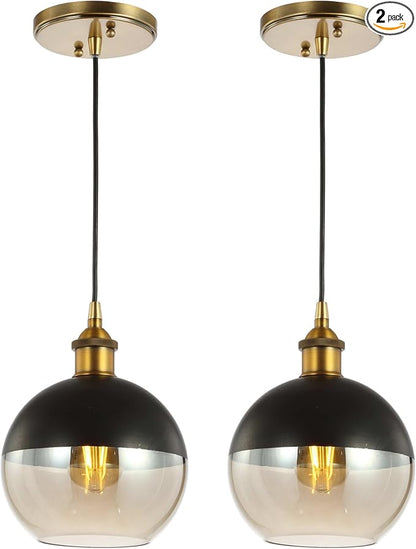 JONATHAN Y 7.5" Brass Gold/Black 1-Light Mid-Century Modern Globe Pendant Light, Adjustable LED Hanging Ceiling Fixture, Champagne Smoked Glass Shade for Kitchen Island (JYL3513A-SET2)