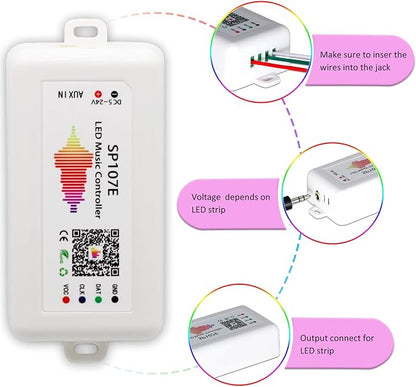 SP107e LED Controller, Music-Sync RGB Pixel Controller for WS2812b/Ws2811/SK6812 LED Strips & Screen Lighting, APP-Controlled Smart System with Real-Time Audio Effects
