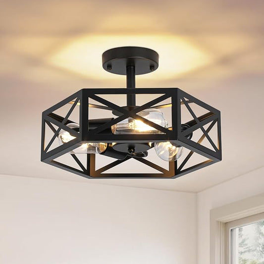 Farmhouse Light Fixtures Ceiling Mount, 3-Light Black Semi Flush Mount Ceiling Light Fixture, Close to Ceiling Hallway Lights, Industrial Rustic Ceiling Lights for Bathroom, Entryway, Kitchen
