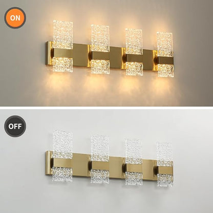 Modern Polished Gold 4 Lights Bathroom Vanity Light, Eleglant LED Bathroom Light Fixtures Over Mirror, Dimmable Acrylic Shade Wall Lighting Fixtures, Hardwired Wall Light(H9.25in, L28.35in)