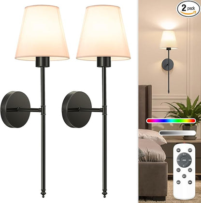 NIORSUN Battery Operated Wall Sconce Set of 2,Black Rechargeable Wall Lights with 5200mAh Dimmable Bulbs and Remote,10 Colors Wireless Wall Lamps for Bedroom Living Room Hallway Decor