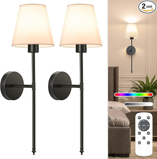 NIORSUN Battery Operated Wall Sconce Set of 2,Black Rechargeable Wall Lights with 5200mAh Dimmable Bulbs and Remote,10 Colors Wireless Wall Lamps for Bedroom Living Room Hallway Decor