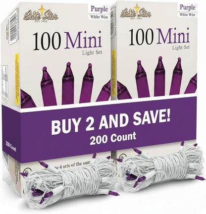 Brite Star 100 Count Mini String Christmas Lights, Purple - 22 feet Indoor/Outdoor Christmas Tree Lights with White Wire (Set of 2)