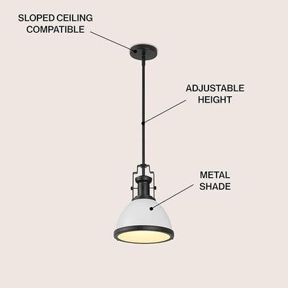 JONATHAN Y 10" Matte Black/White Modern Industrial Iron LED Dome Pendant Light, Adjustable Hanging Fixture for Kitchen Island or Entryway, White Metal Shade, LED Bulb Included (JYL9535E)