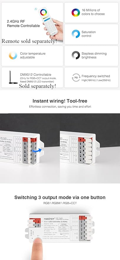 LGIDTECH E3-RF Miboxer 3 in 1 LED Strip Light Controller Tool-Free Wiring,Used for RGB & & RGBW & RGB+CCT LED Strip Light DC 12-24V,Smartphone APP & Voice Control via Gateway(Excluded)