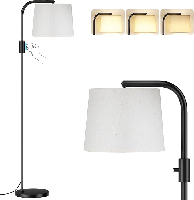 Ambimall Fully Dimmable Floor Lamp - Floor Lamps with 9W LED Bulb, Standing Lamps for Living Room with Adjust Head, Modern Standing Tall Light Rotary Switch for Office(Black and Beige)