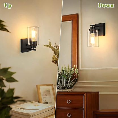 Set of 2 Wall Sconces for Bathroom, Modern Vanity Light Fixtures, Matte Black Wall Mount Lighting Lanterns, Farmhouse Wall Lights with Clear Glass Shade for Bedroom Living Room Mirror Hallway Kitchen