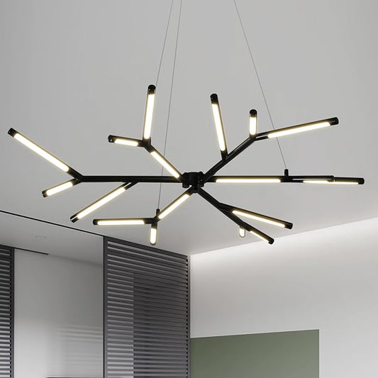 Modern LED Linear Chandelier,Black Mid Century Modern Pendant Light,Adjustable Height Branch Style Chandelier for Dining Room,Kitchen Island,Living Room,Staircase,Easy to Install