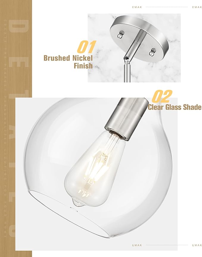 Emak 8 Inch Brushed Nickel Pendant Light, Modern Glass Pendant Lights Kitchen Island, 2 Pack Hanging Lights for Kitchen, Bathroom, Bedroom, Dining Room, PL125-BN-2PK