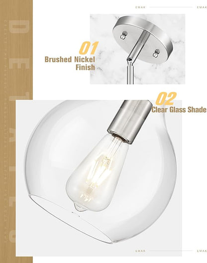 Emak 8 Inch Brushed Nickel Pendant Light, Modern Glass Pendant Lights Kitchen Island, 2 Pack Hanging Lights for Kitchen, Bathroom, Bedroom, Dining Room, PL125-BN-2PK