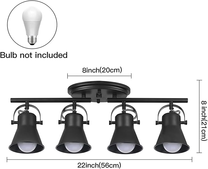 4-Light Track Lighting Kit, Directional Ceiling Light, Industrial Black Kitchen Track Lighting Fixtures Ceiling for Kitchen, Living Room, Dining Room, Hallway.